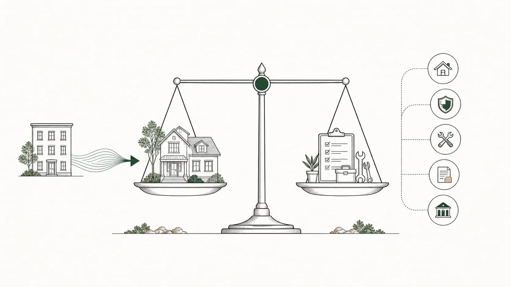 Rental income and property carrying costs shown on opposite sides of a balanced review.
